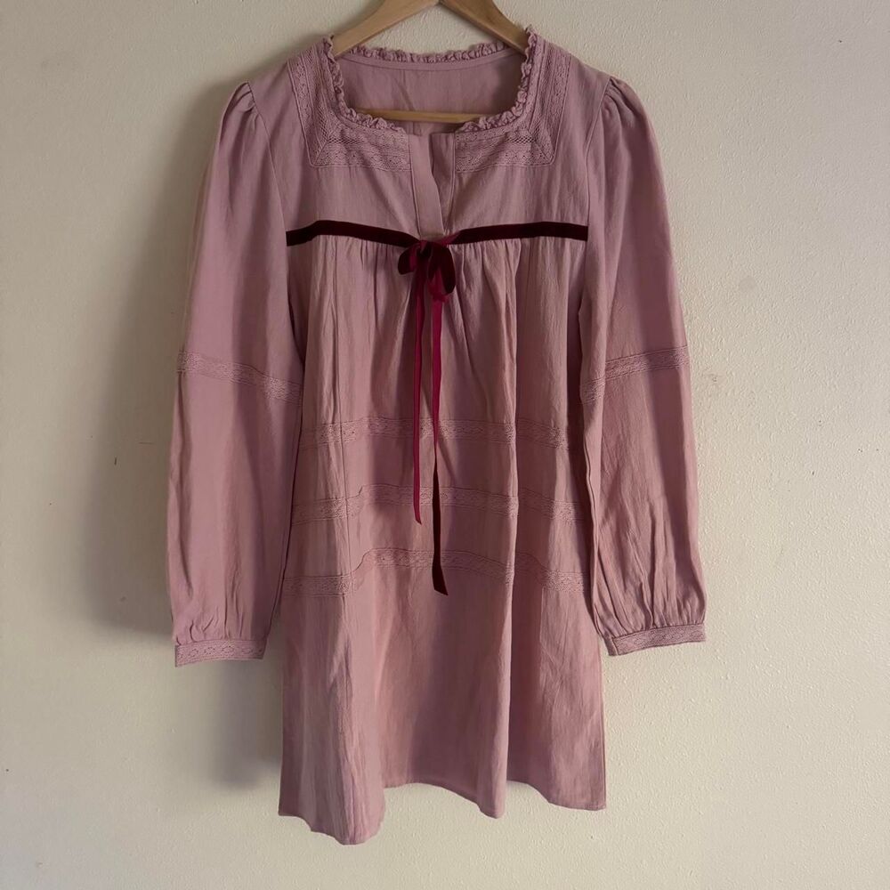 Dusty Rose Cotton Mini Dress S Velvet Bow Lace Coquette Babydoll Long Sleeve